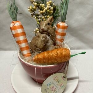 Easter Bunny in Pink Cup with Orange Carrots Decor